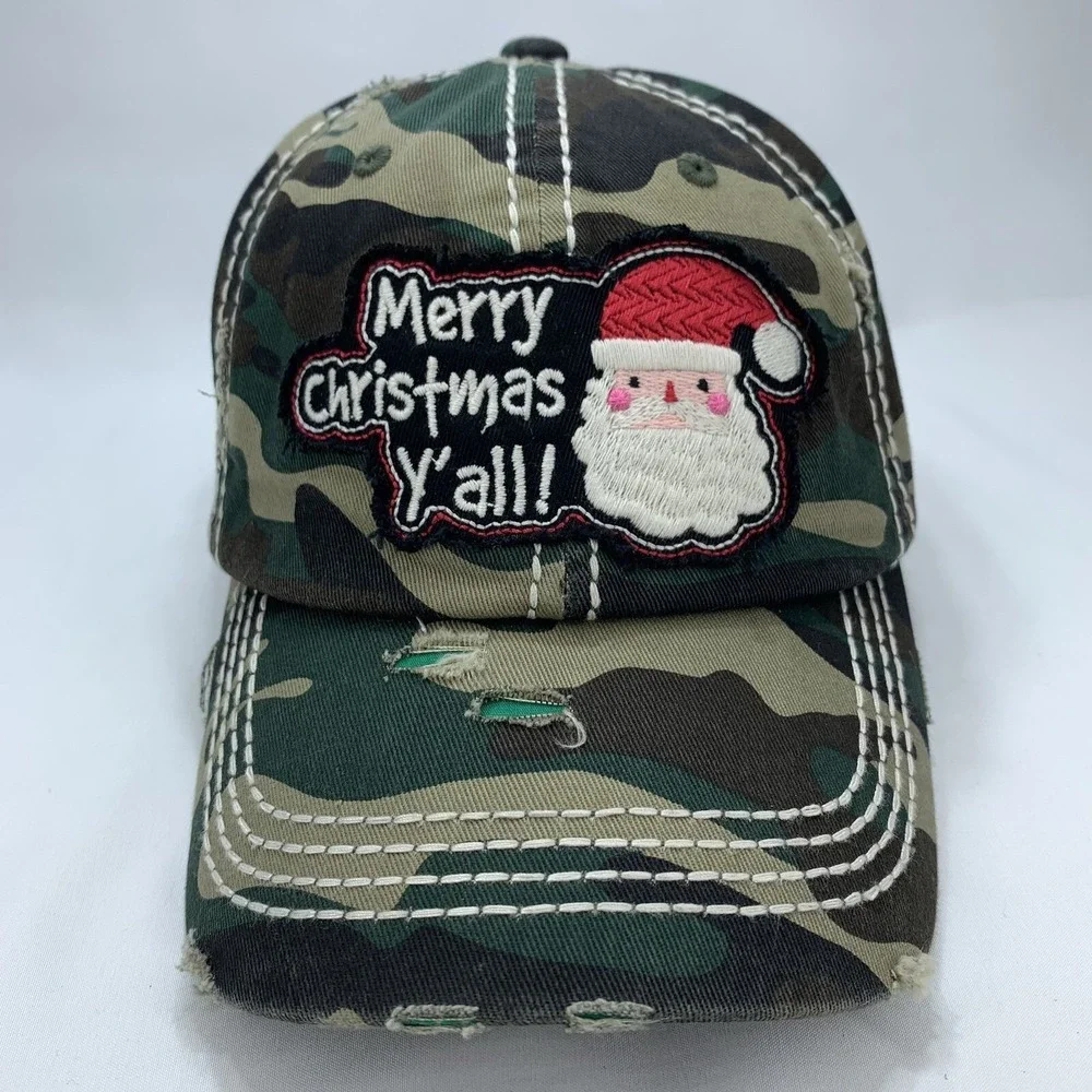 Merry Christmas Y'all! Santa Hat Ladies Camo Adjustable Distressed Baseball Cap